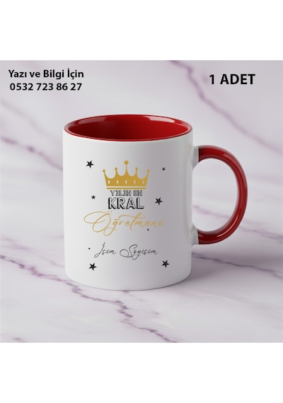 Yılın Öğretmeni Temalı Baskılı Kupa Bardak Öğretmene Hediyelik Şık Tasarımıyla İsim Yazılır Kırmızı