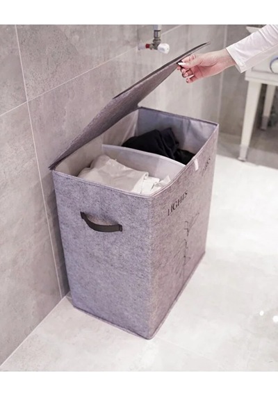 2 Gözlü Kompakt Kapaklı Derili Çamaşır Sepeti -katlanabilir Dayanıklı 100lt 53 X 33 X 60 Cm Gri-beyaz