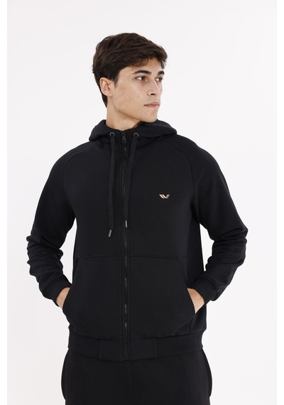 Rowinger Raglan Kol Tam Fermuarlı Kordonlu Kapüşon Kanguru Cepli Süper Koton Rahat Kalıp Kapüşonlu Sweatshirt Black