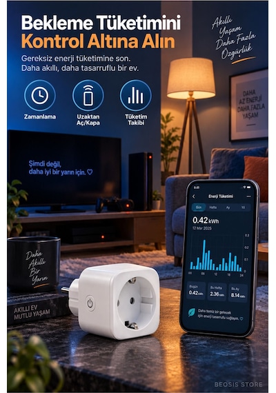 Wifi Güç Ölçer Akıllı Priz 16a Fonri, Tuya, Smart Life, Google Assistant, Amazon Alexa Destekli