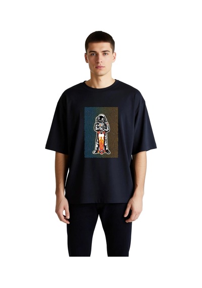 Paybuy Erkek Oversize Tişört Astronot Kaykay Baskısı Bold Line Art Dinam Siyah