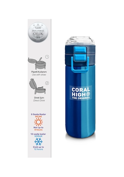 Coral High Kids Lacivert Mavi Çizgili Pipetli Ve Direkt İçim Çelik Termos 500 Ml 31997 Lacivert - Mavi