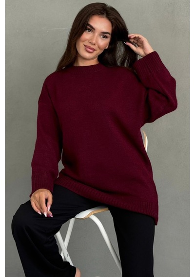Madmext Bordo Bisiklet Yaka Oversize Uzun Kadın Triko Kazak Mg2890