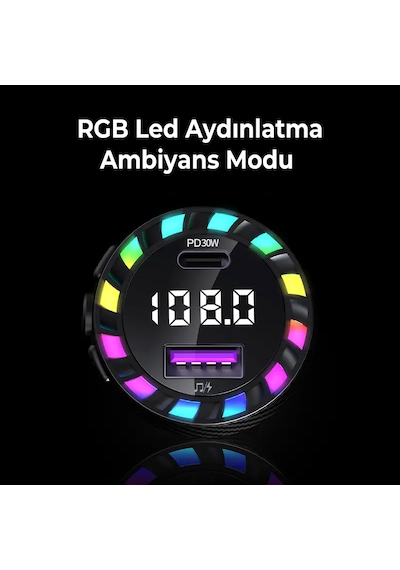 Rgb Işıklı 5.3 Bluetoothlu 30w Usb Type C Hızlı Şarjlı Araç Kiti - Mp3 Çalar, Eller Serbest Modlu