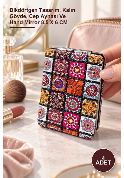4 Adet Taşlı El Aynası Dikdörtgen Tasarım, Kalın Gövde, Cep Aynası Ve Hand Mirror 8,5 X 6 Cm Diğer