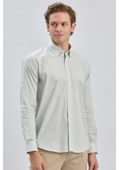 İmza Koyu Haki Kısalabilir Kol Baskılı Düğmeli Yaka Cepsiz %97 Pamuk %3 Elastane Klasik Slim Fit Gömlek 1004240116 Koyu Haki