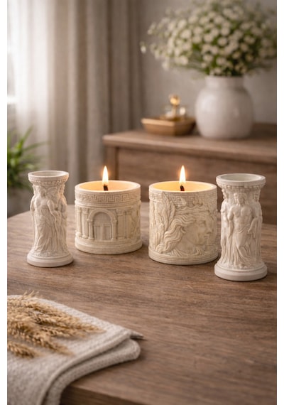 4 Lü Antik Figürlü Dekoratif Mumluk Seti Ortadaki Mumlu Helenistik Tasarım Tealight Mumluk