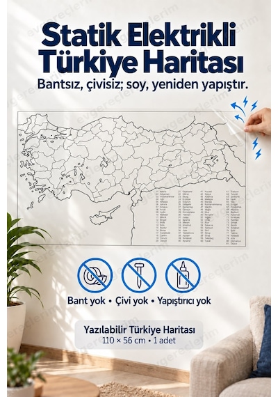 Manyetik Yazılabilir Türkiye Haritası Statik Elektrikli 110x56 Cm 110 x 56 CM