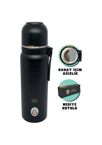 Galatasaray Çelik Termos Bardaklı Kapak Siyah 650 Ml