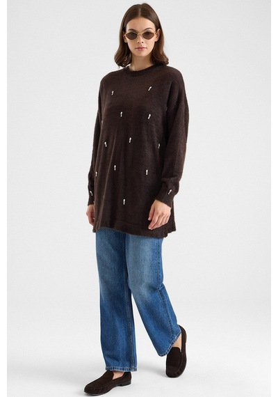 Olcay Taş Detaylı Soft Kumaş Oversize Triko Kazak Kahve 8290