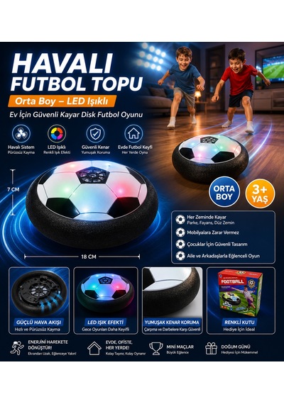 Havalı Futbol Topu Orta Boy Led Işıklı Ev İçin Güvenli Kayar Disk Futbol Oyunu
