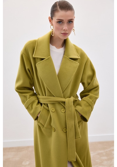 Sateen Beli Bağlamalı Uzun Kaban - Yağ Yeşili-136628 Yeşil