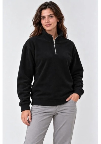 DefyModa Polar Dik Yaka Yarım Fermuarlı Uzun Kollu Regular Fit Kışlık Sweatshirt - Siyah