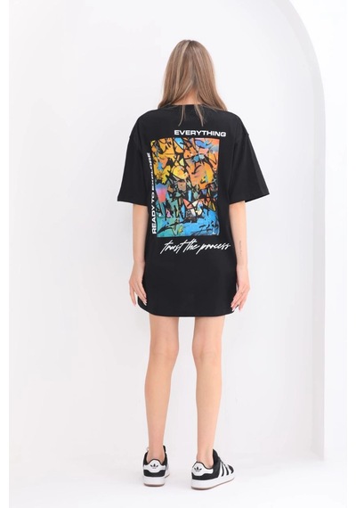 Novalisse Kadın Bisiklet Yaka Baskılı Oversize T-shirt - Siyah Çoklu Renk