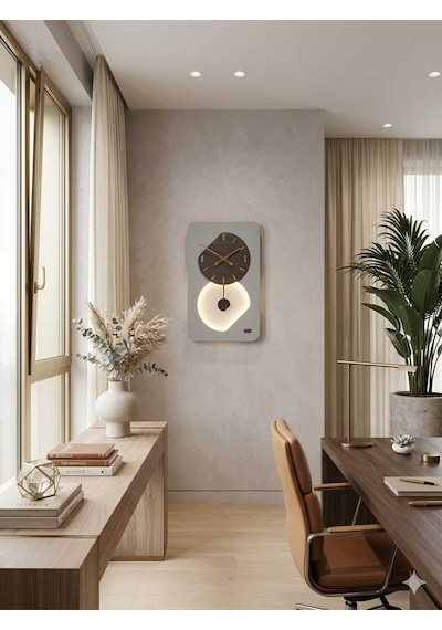 Nairobi Ledli Ahşap Salon Duvar Saati Quartz Ultra Sessiz Mekanizma 55 Cm X 34 Cm Gri