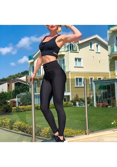 Lismina Siyah Beli Bağcıklı Toparlayıcı Spor Tayt Siyah