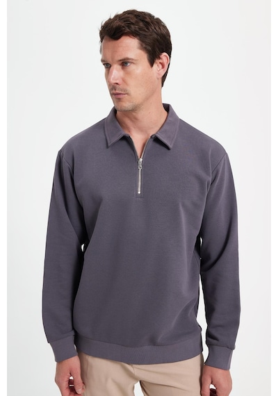 Tudors Erkek Relax Fit Rahat Kesim Pamuklu 3 İplik Fermuarlı Polo Yaka Koyu Gri Sweatshirt-41817 Koyu Gri