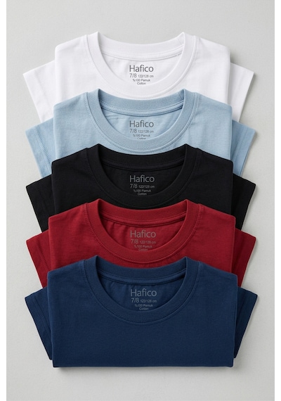 Hafico Erkek Çocuk 5'li Premium %100 Pamuk Basic Tişört Seti 7-12 Yaş Siyah - Kırık Beyaz -bordo - Buz Mavi - İndigo