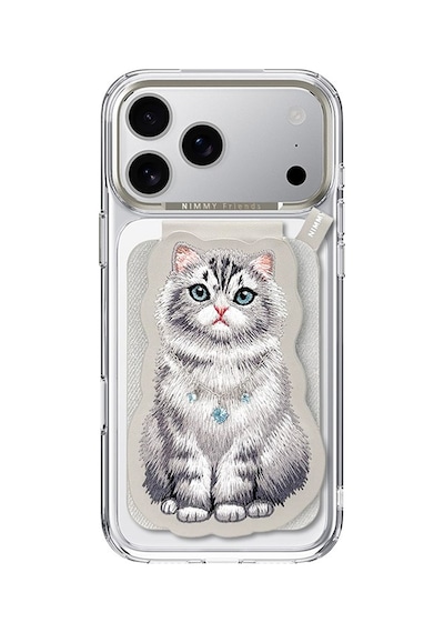 Manyetik Standlı İphone 18 Pro Max Uyumlu 3d Nakışlı Kedili Değiştirilebilir Kartlıklı Kılıf Gri