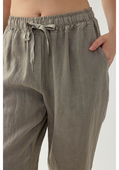Vitrin %100 Keten Beli Lastikli Cepli Geniş Paça Pantolon Vizon