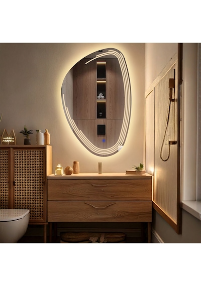 Fractura Asimetrik Led'li Kumlamalı Lavabo & Banyo Aynası Dokunmatik Sensörlü 100 X 65 Cm Günışığı