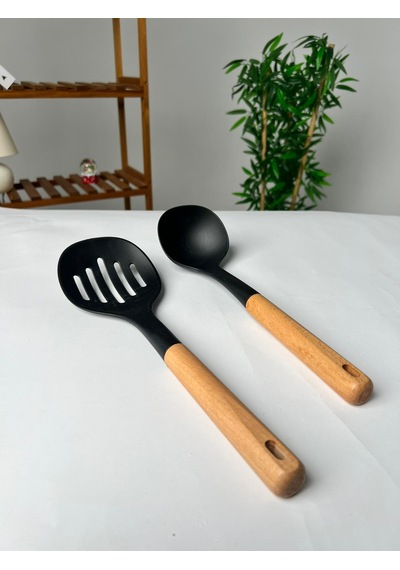 Favora 2li Ahşap Saplı Kepçe Ve Spatula Seti - Siyah