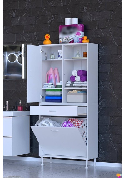Afra 70 Cm 2 Gözlü Kirli Çamaşır Sepet, 1 Kapak Ve Çekmeceli 6 Raflı Çok Amaçlı Banyo Dolabı Beyaz Afra 70 Cm 2 Gözlü Kirli Çamaşır Sepet, 1 Kapak Ve Çekmeceli 6 Raflı Çok Amaçlı Banyo Dolabı Beyaz