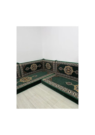 Güneş Modeli Yeşil Otantik Şark Köşesi Takımı L Set - Geleneksel Yer Minderi Seti 10 Cm Minder Kalınlığı 9 Parça