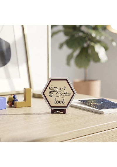 Kahve Keyfi Temalı Coffee Love Yazılı Masaüstü Objesi Çalışma Masanıza Neşe Katan Modern Ve Şık Tasarım Parça 10x10 Cm, Pudra