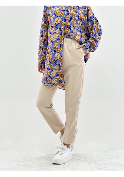 Vioshine Kadın Scuba Beli Lastikli Cepli Double Paça Pantolon-bej Bej