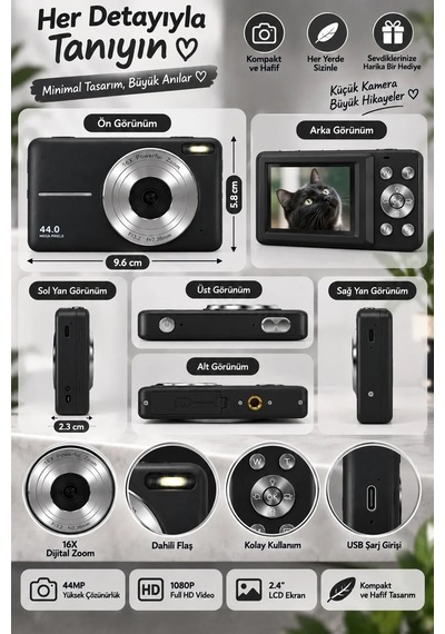 Magicool 4k Figürlü Çantalı Dijital Video Kamera 44mp 16x Zoom Işıklı Kart Dijital Fotoğraf Makinesi Siyah