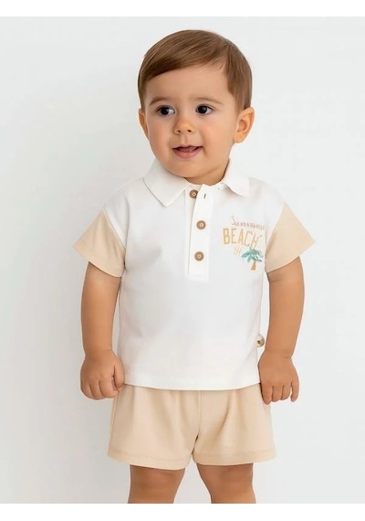 Zekids Erkek Bebek Organik Pamuklu Yakalı T-shirt Şortlu Takım-15911 renkli