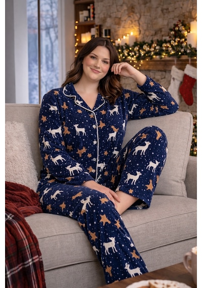 Nisanca Kışlık Yılbaşı Desenli Kadın Gömlek Polar Pijama Takımı- Geyikli Yılbaşı Pijaması- Büyük Beden Pijama Lacivert Nisanca Kışlık Yılbaşı Desenli Kadın Gömlek Polar Pijama Takımı- Geyikli Yılbaşı Pijaması- Büyük Beden Pijama Lacivert