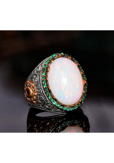 Gerçek Doğal Avustralya Opal Taş Yüzük, 7.55 Karat, Erkekler İçin Kral Yüzük, 925 Ayar Katı Gümüş Yüzük Gümüş