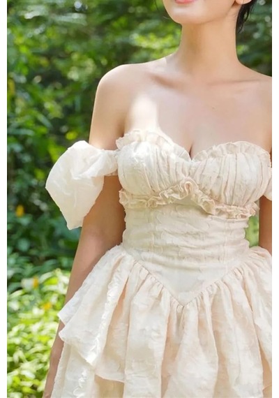 Fashion Cocktail Orta Çağ Kabarık Balon Kol Kabartma Kumaş Süper Mini Tütü Prenses Elbise Krem Krem Fashion Cocktail Orta Çağ Kabarık Balon Kol Kabartma Kumaş Süper Mini Tütü Prenses Elbise Krem Krem