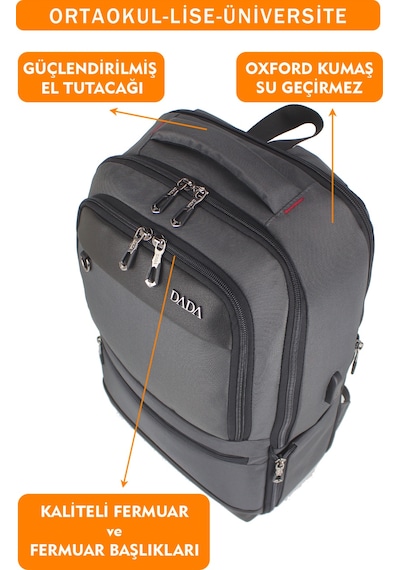 Körüklü Gri Okul Sırt Çantası Lise Üniversite Unisex Su Geçirmez Kumaş 14"-15,6" İnç Gri