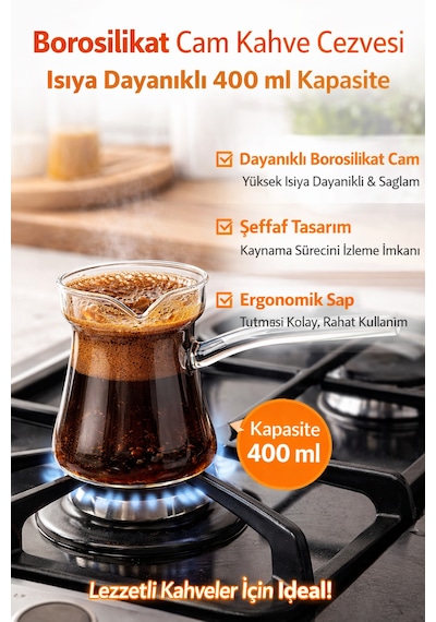 Cam Cezve 400 Ml Isıya Dayanıklı Borosilikat Şeffaf Kahve Cezvesi Ocak Üstü Kullanım