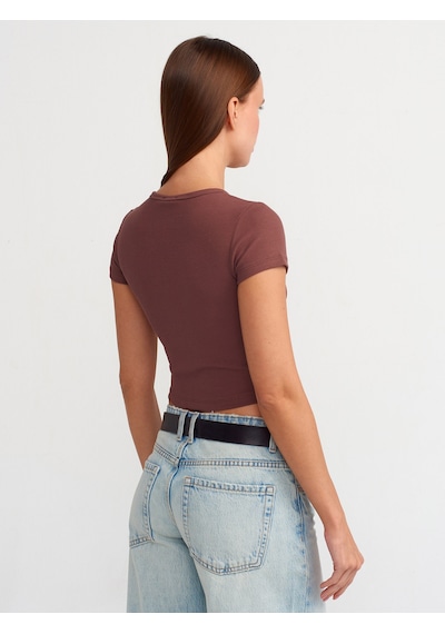 Dilvin Düğme Detaylı Crop Top Kahve