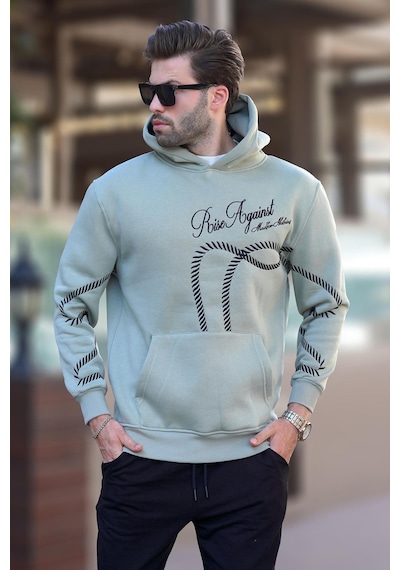 Madmext Çağla Yeşil Baskılı Kapşonlu Cep Detaylı Erkek Sweatshirt 7067 Yeşil