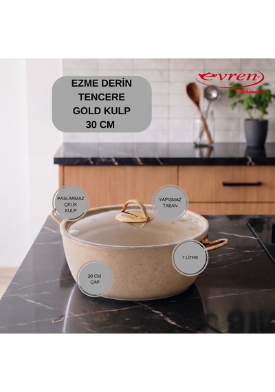 18 Cm Cream Ezme Seri Granit Derin Tencere, Non-stick Derin Tencere 1,6 Lt Gold Çelik Kulp 30 Cm