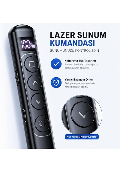 S7 Dijital Ekranlı Şarjlı Lazer Sunum Kumandası Type-c, 100 M Menzil, Kablosuz 2.4g, Powerpoint/keynote Uyumlu, Usb Alıcılı, Manyetik Saklama, Ergonomik Tasarım Çok Renkli