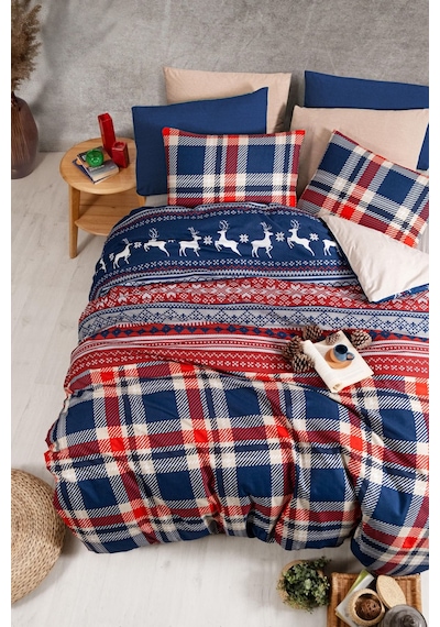 Mystory Home Yılbaşı Cerf Çift Kişilik Nevresim Takımı Lastikli Çarşaf Kırmızı – Lacivert