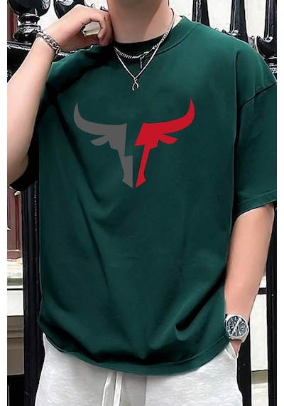Erkek Boğa Silüet Baskılı Oversize Tshirt Yeşil