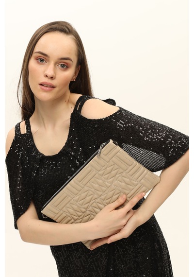 Morpelikan Bej Zigzag Clutch Kadın Portöy Çanta Bej