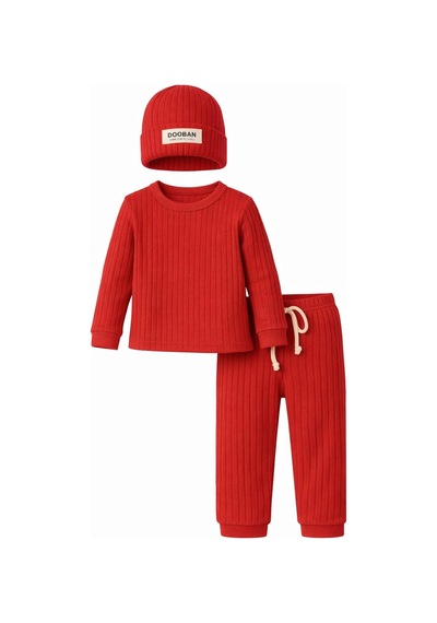 Xmlbayiciniz Unisex Bebek Çocuk Alt Üst Takım 3'lü%100 Pamuk Fitilli Şapkalı Kışlık Eşofman Takımı - Kırmızı Çok Renkli