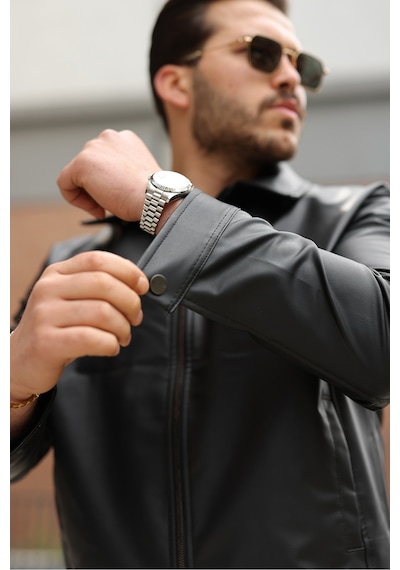 Mero Life Erkek Old Money Mevsimlik Boxy Fit Deri Ceket & Mont - Siyah