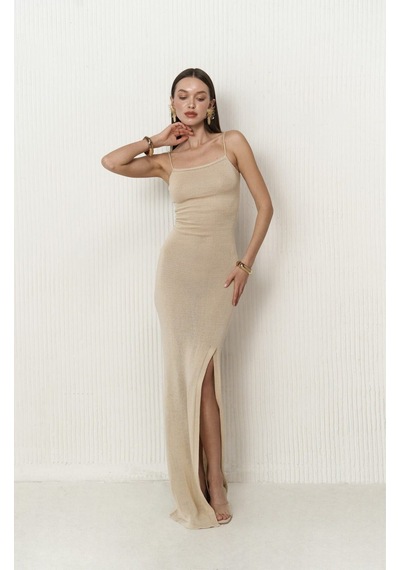 Mai Collection Mai Studios Co. Cintia Sırt Dekolteli Bej Triko Elbise Bej