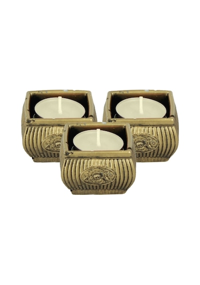 Mumluk Şamdan 3 Adet Tealight Uyumlu Üçlü Mini Çizgili Çiçekli Model - Altın Eskitme