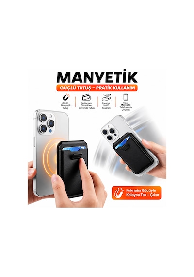Magsafe Cüzdan Kartlık Güçlü Manyetik Standlı Telefon Kartlığı İphone Uyumlu Deri Cüzdan Siyah-14912