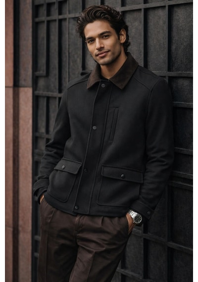 İmza Antrasit Kadife Polo Yaka Düz Yırtmaçsız Tam Astar Slim Fit Casual Mont Antrasit